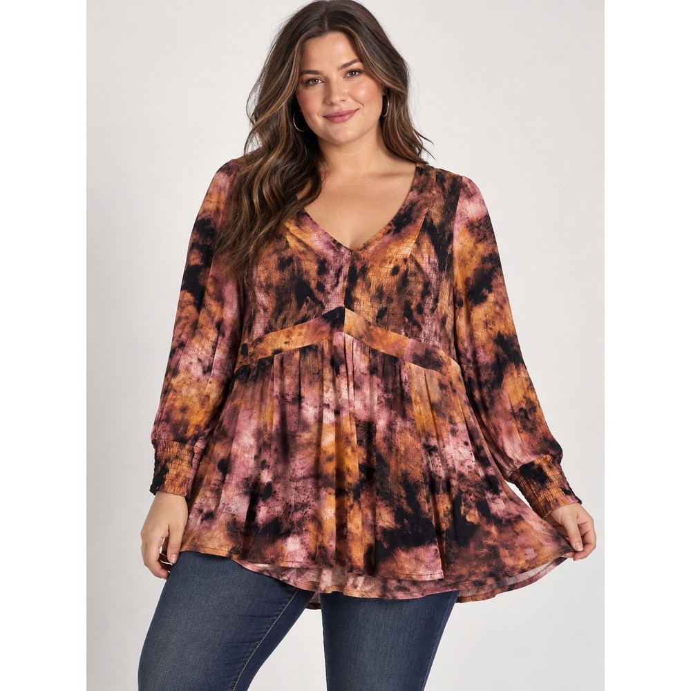 Torrid Tie Dye Smocked Babydoll Top Brown Purple Y2K Long Sleeve Blouse Size 1